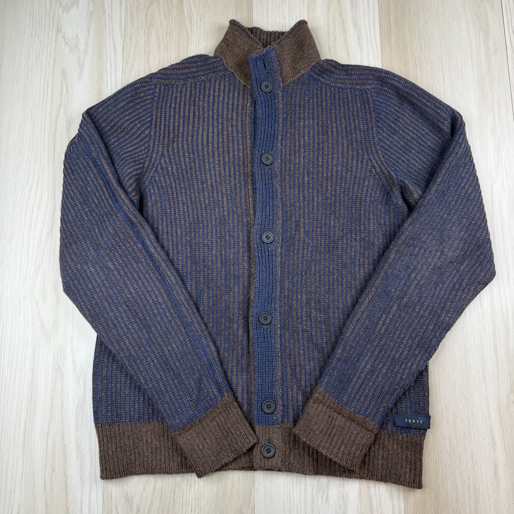 SEASE Dark Brown & Blue Cashmere & Cotton Rib-Knit Reversible Sweater Large 50